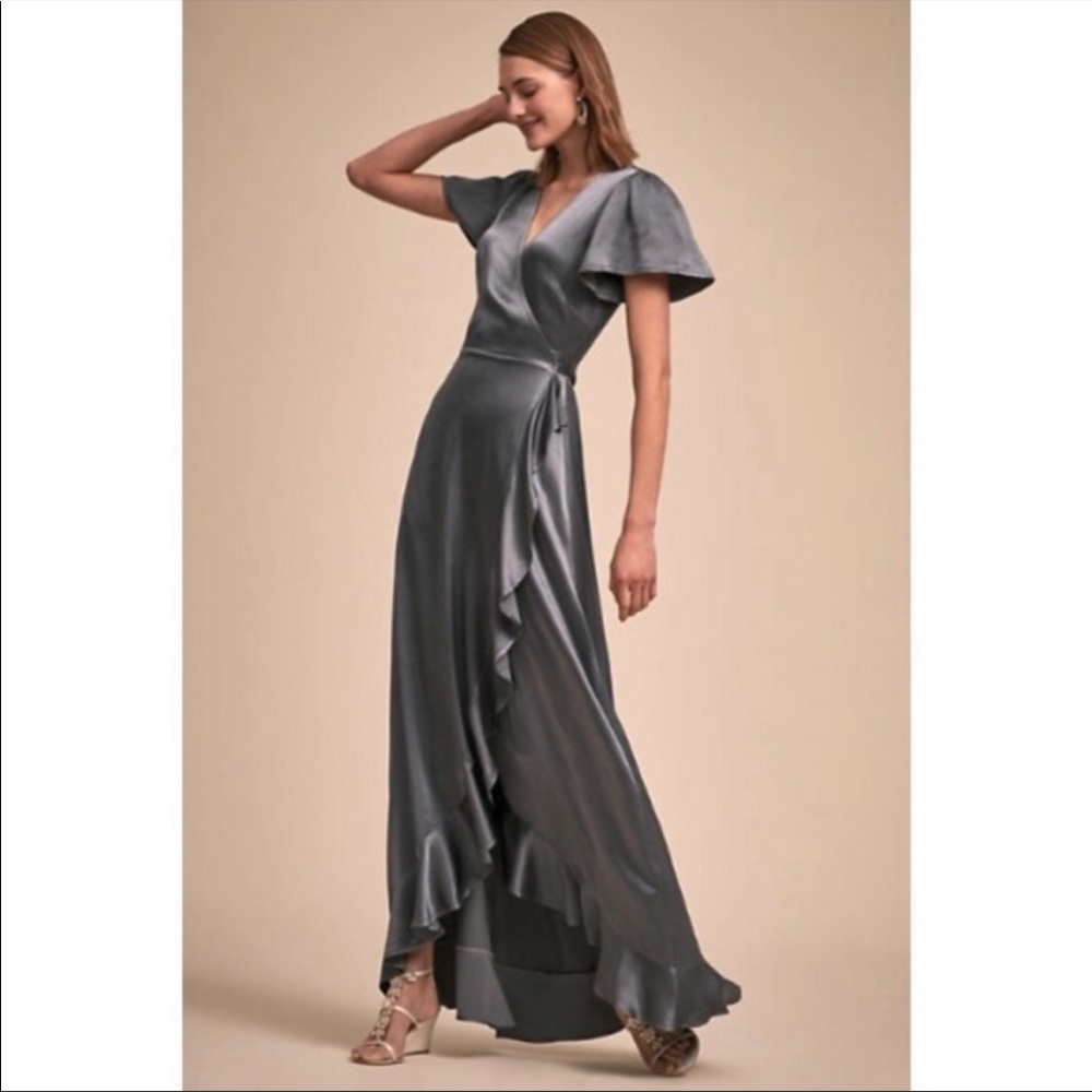 BHLDN Slate Gray Satin High-Low Wrap Dress